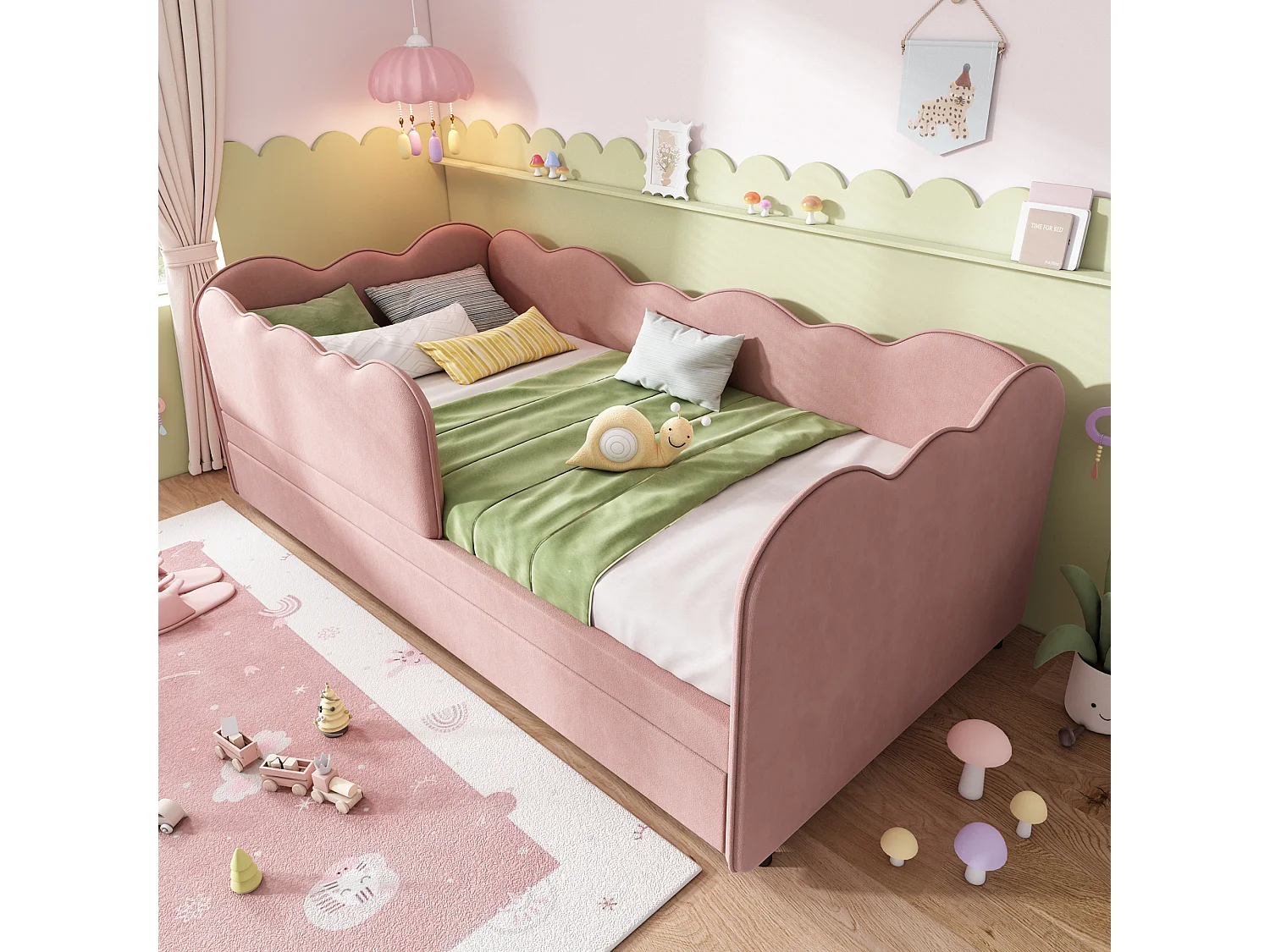 Slaapbank 90x190 cm met onderschuifbed en lattenbodem, fluweel roze - zonder matras