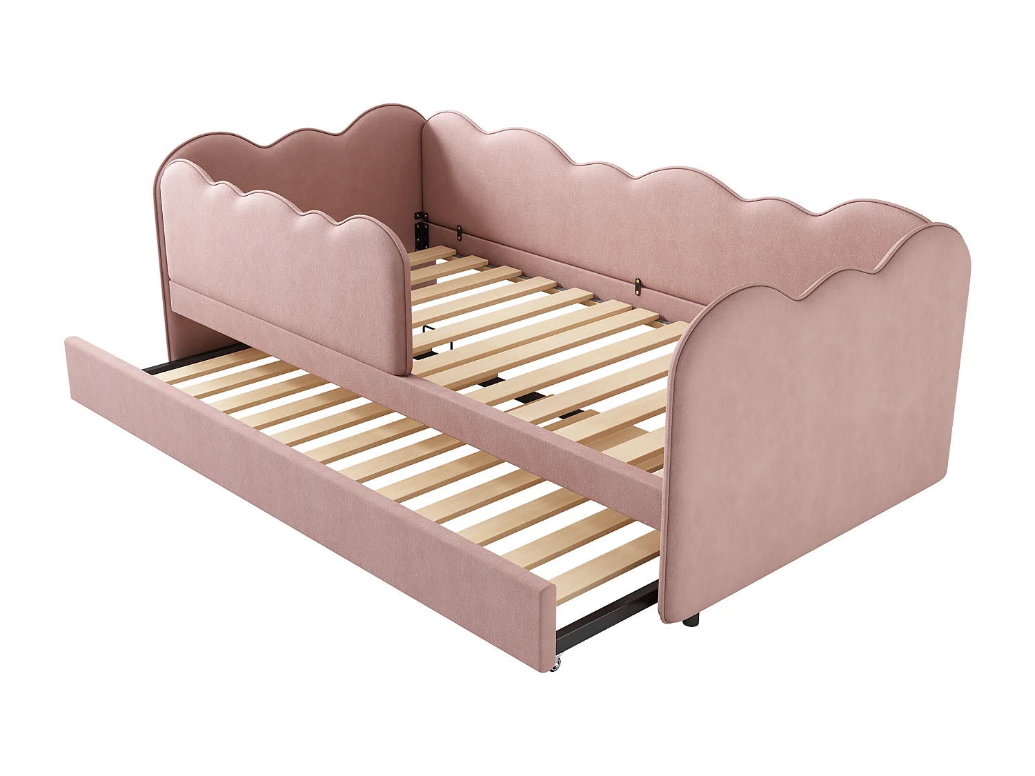 Slaapbank 90x190 cm met onderschuifbed en lattenbodem, fluweel roze - zonder matras