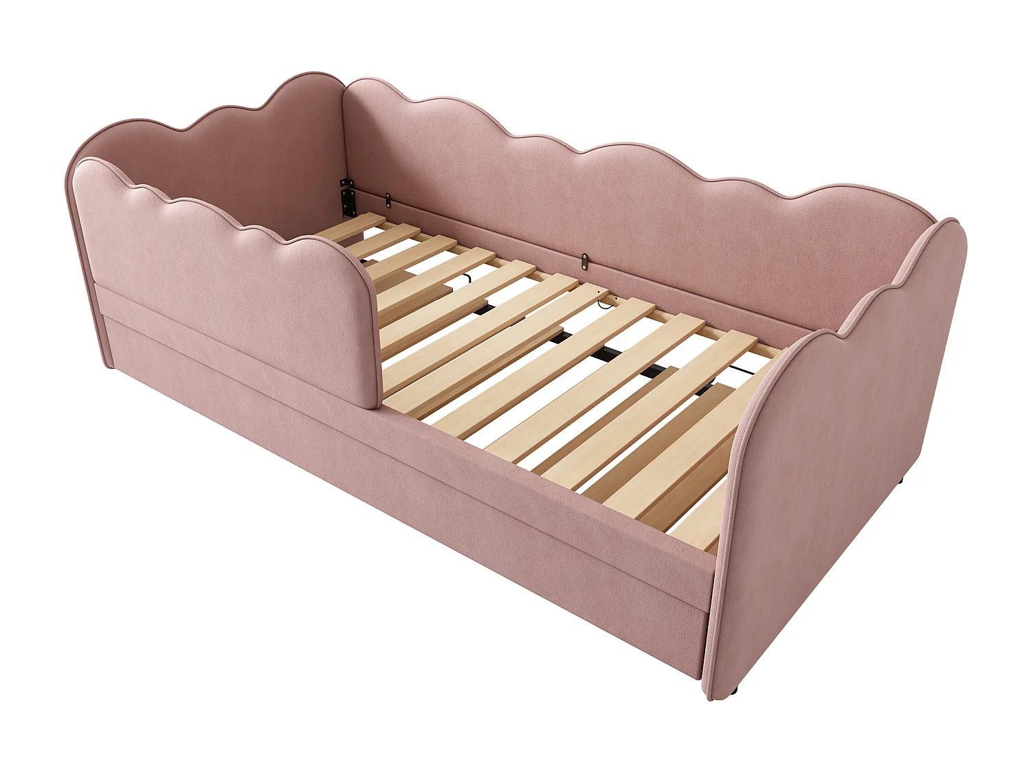 Slaapbank 90x190 cm met onderschuifbed en lattenbodem, fluweel roze - zonder matras