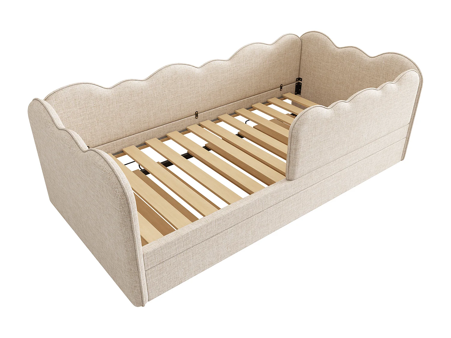 Łóżko kanapa 90x190 cm z wysuwanym łóżkiem i stelażem listwowym, len beżowy - bez materaca