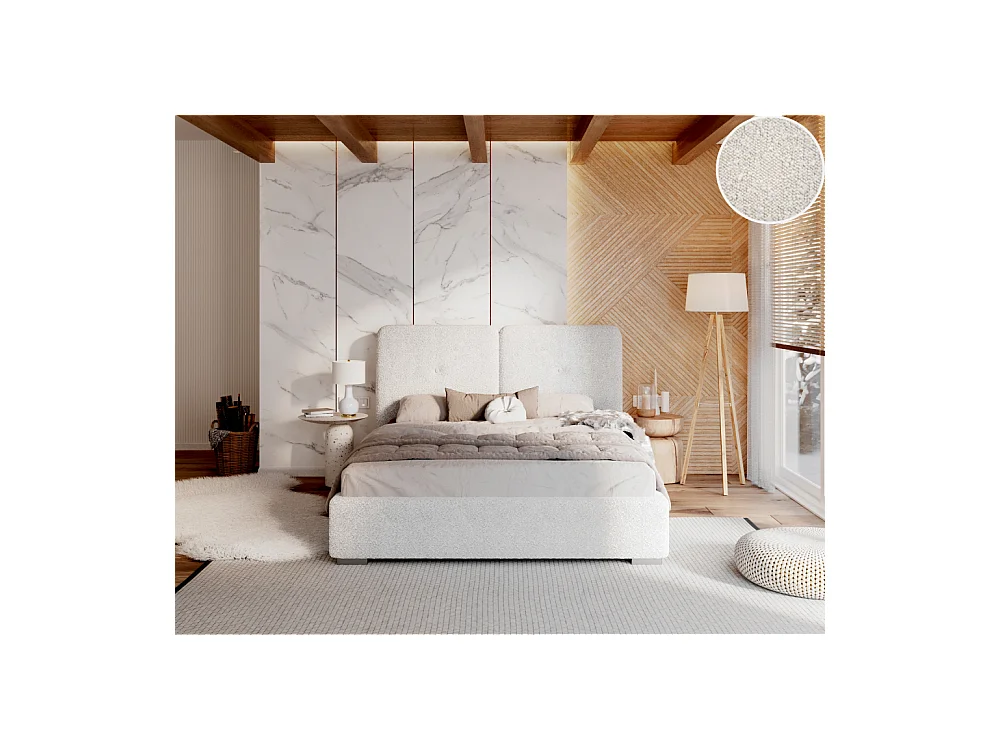 Lit Coffre Bedretto 180 x 200 cm - Tissu bouclette - avec sommier à lattes relevable Blanc