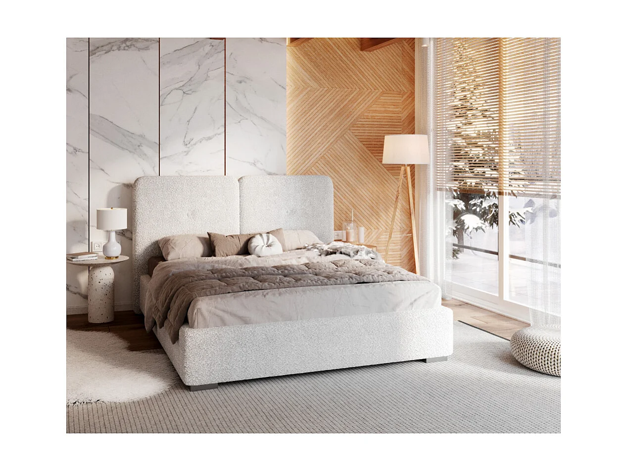 Lit Coffre Bedretto 180 x 200 cm - Tissu bouclette - avec sommier à lattes relevable Blanc