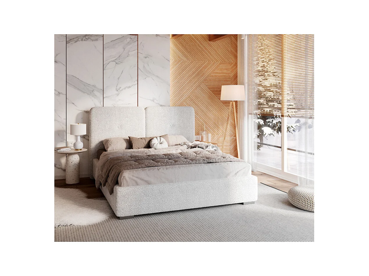 Lit Coffre Bedretto 140 x 190 cm - Tissu bouclette - avec sommier à lattes relevable Blanc