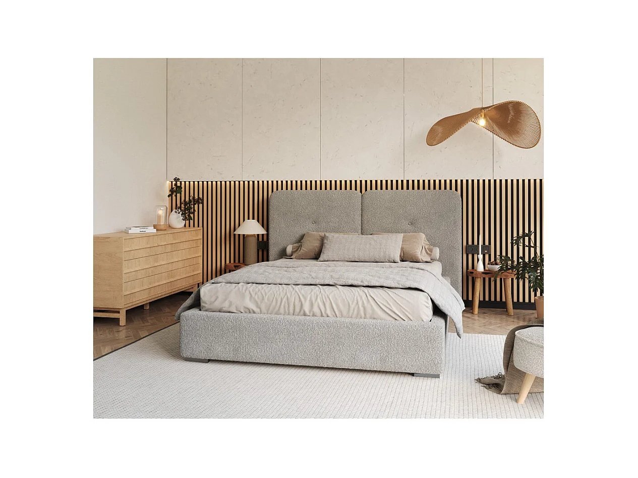 Lit Coffre Bedretto 160 x 200 cm - Tissu bouclette - avec sommier à lattes relevable Gris clair