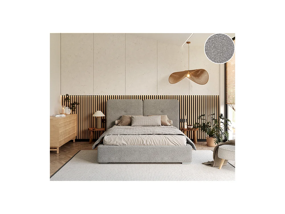 Lit Coffre Bedretto 160 x 200 cm - Tissu bouclette - avec sommier à lattes relevable Gris clair