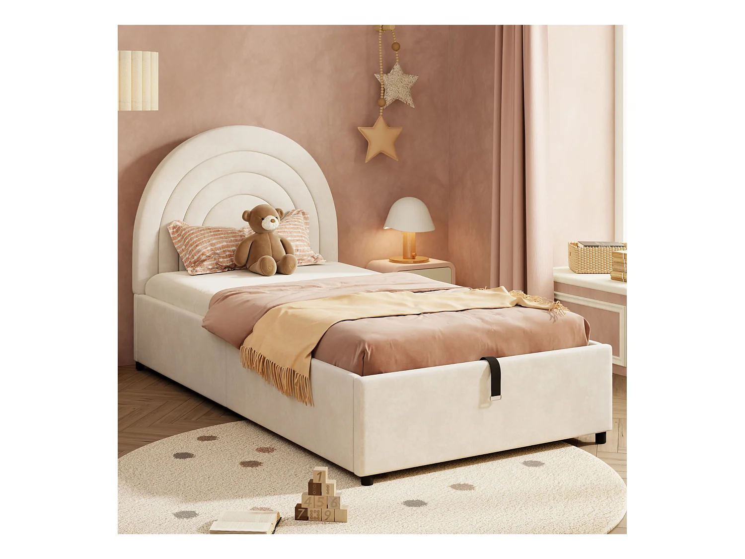 Lit coffre enfant 90x200 cm avec sommier à lattes et tête de lit, velours beige - sans matelas