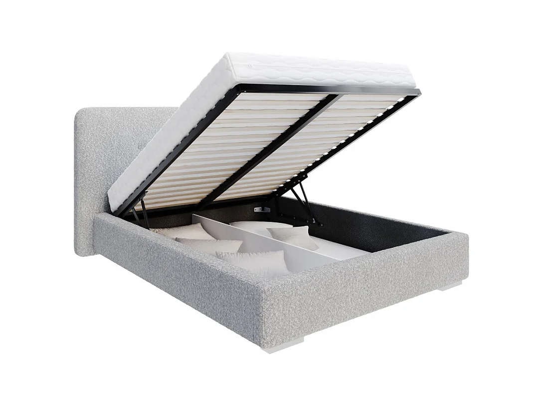 Lit Coffre Bedretto 140 x 190 cm - Tissu bouclette - avec sommier à lattes relevable Gris clair
