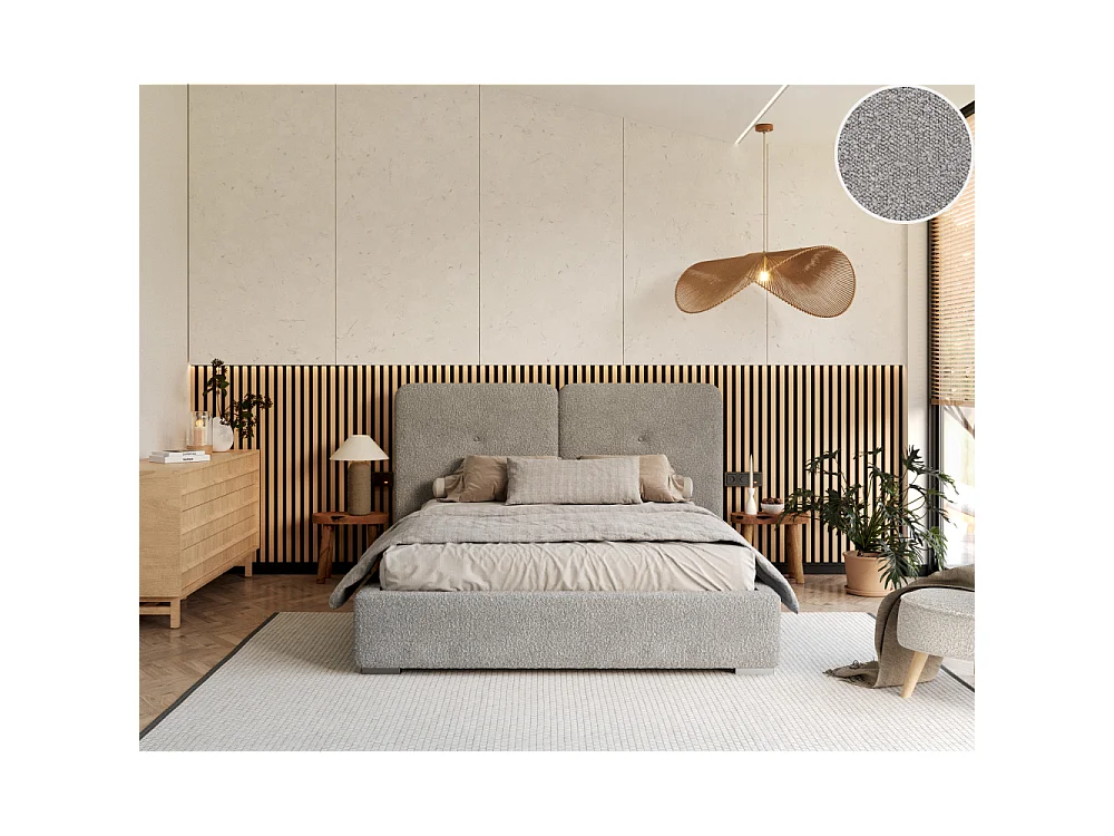 Lit Coffre Bedretto 140 x 190 cm - Tissu bouclette - avec sommier à lattes relevable Gris clair