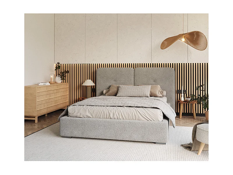 Lit Coffre Bedretto 140 x 190 cm - Tissu bouclette - avec sommier à lattes relevable Gris clair