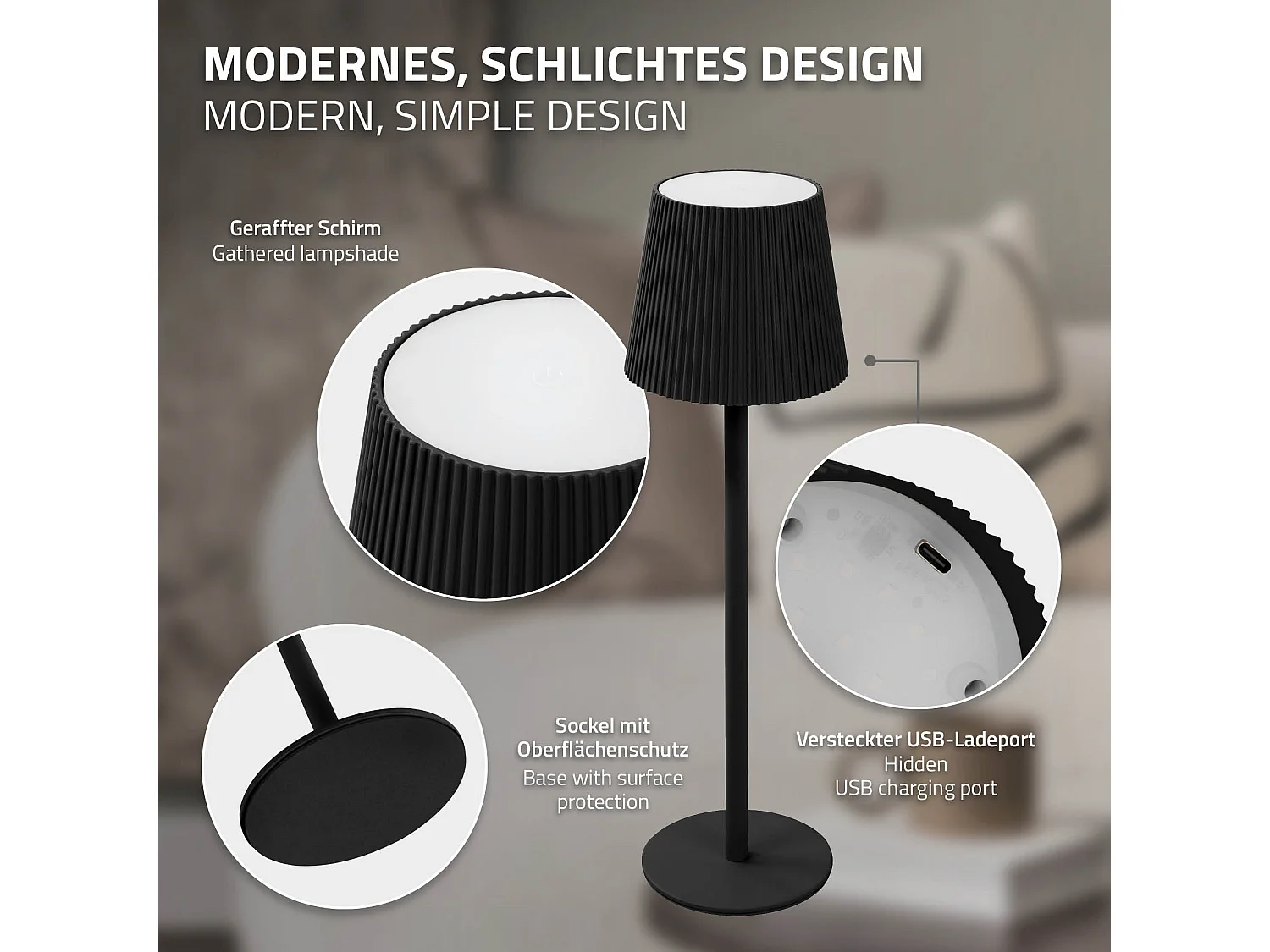 Lampe de table led Ø10x36cm noire lumière blanche chaude 4 niveaux avec capteur tactile batterie rechargeable usb éclairage dimmable autonomie longue