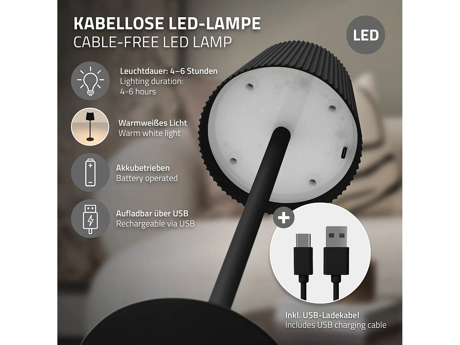 Lampe de table led Ø10x36cm noire lumière blanche chaude 4 niveaux avec capteur tactile batterie rechargeable usb éclairage dimmable autonomie longue