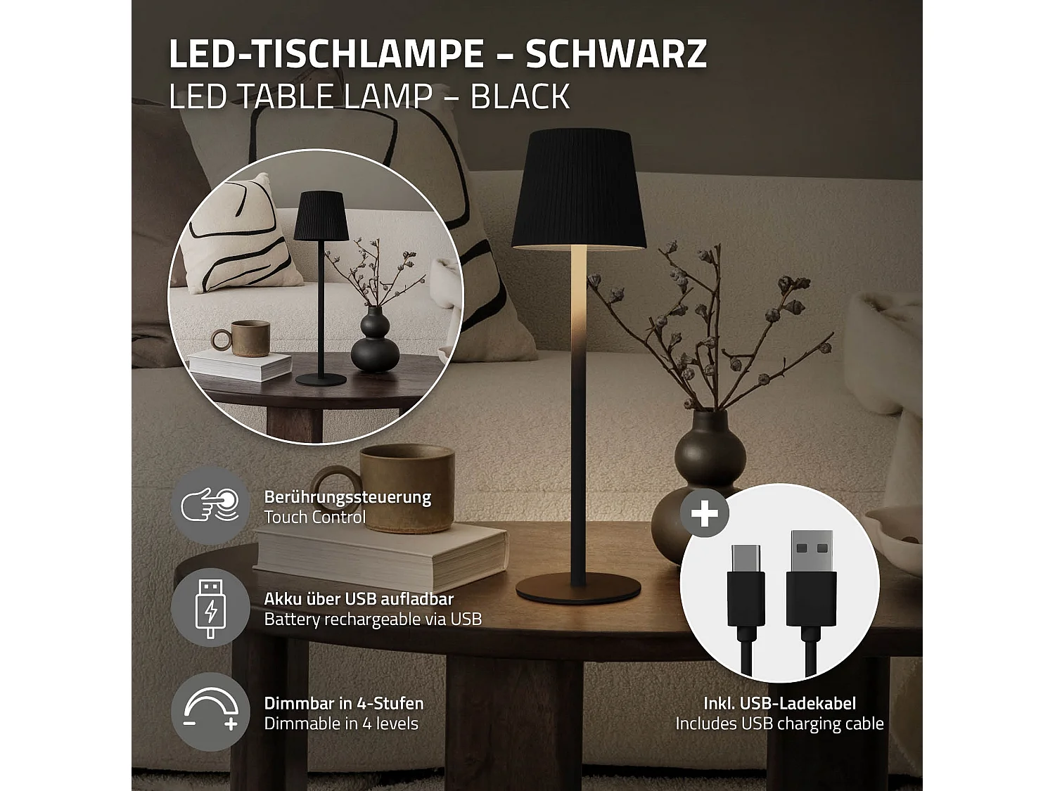 Lampe de table led Ø10x36cm noire lumière blanche chaude 4 niveaux avec capteur tactile batterie rechargeable usb éclairage dimmable autonomie longue