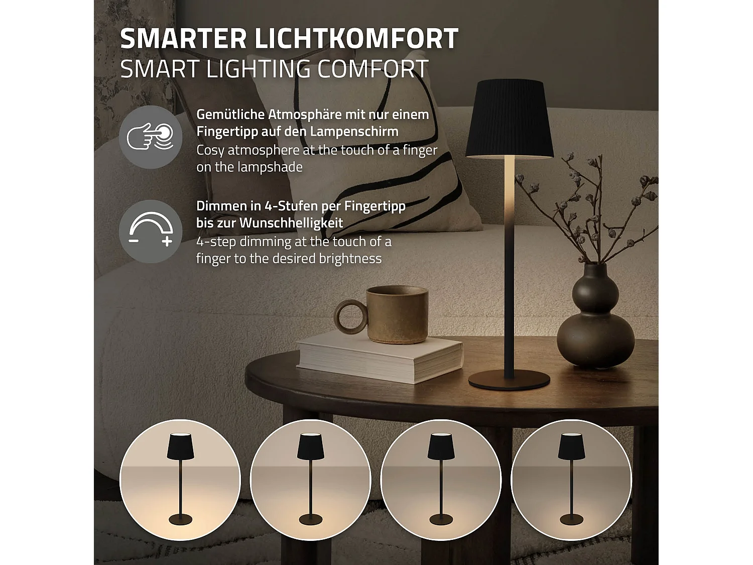 Lampe de table led Ø10x36cm noire lumière blanche chaude 4 niveaux avec capteur tactile batterie rechargeable usb éclairage dimmable autonomie longue