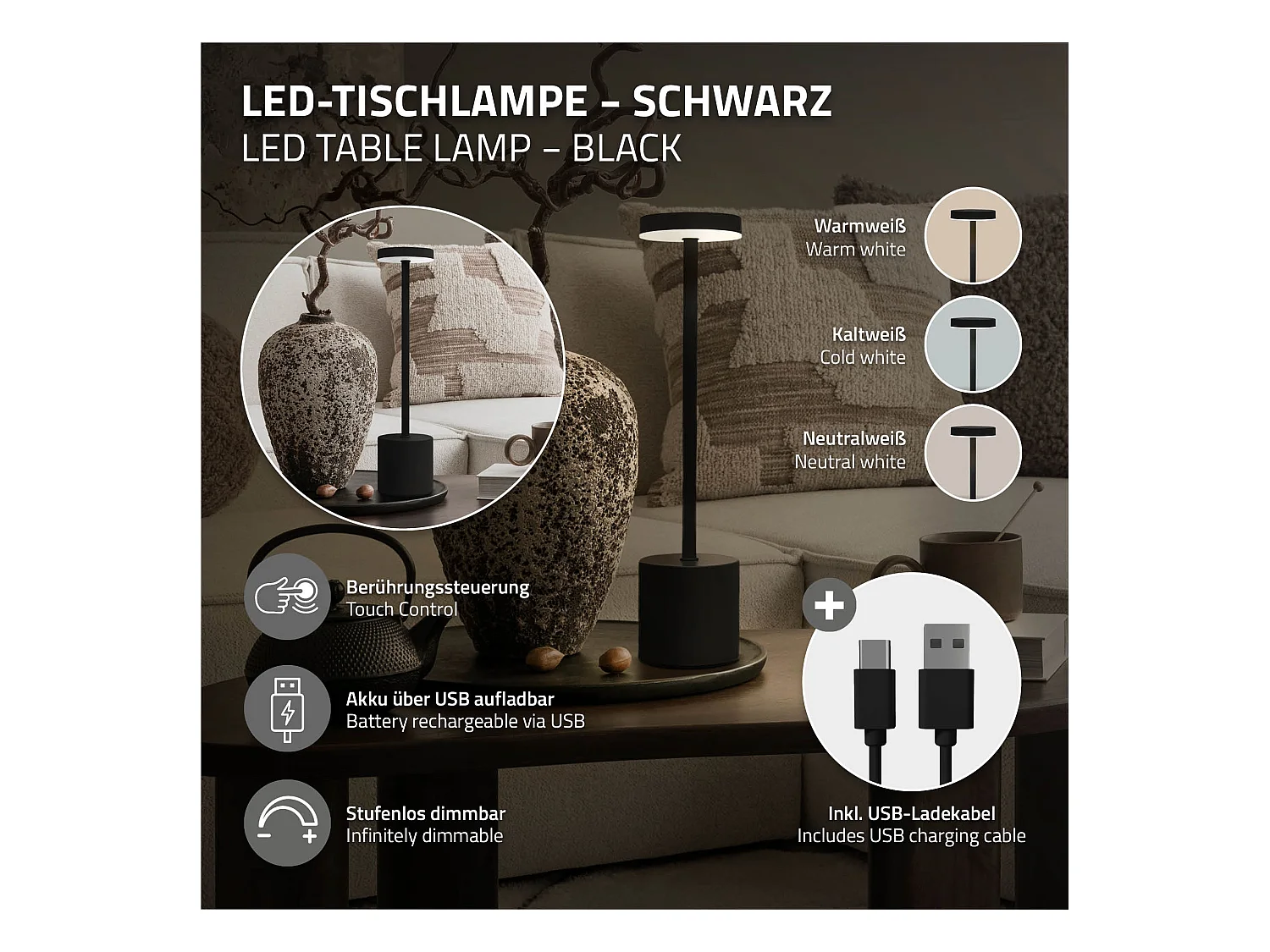Lampe de table LED Ø8x34,5cm noire 3 couleurs d'intensité réglables capteur tactile batterie rechargeable USB-C éclairage de bureau autonomie longue