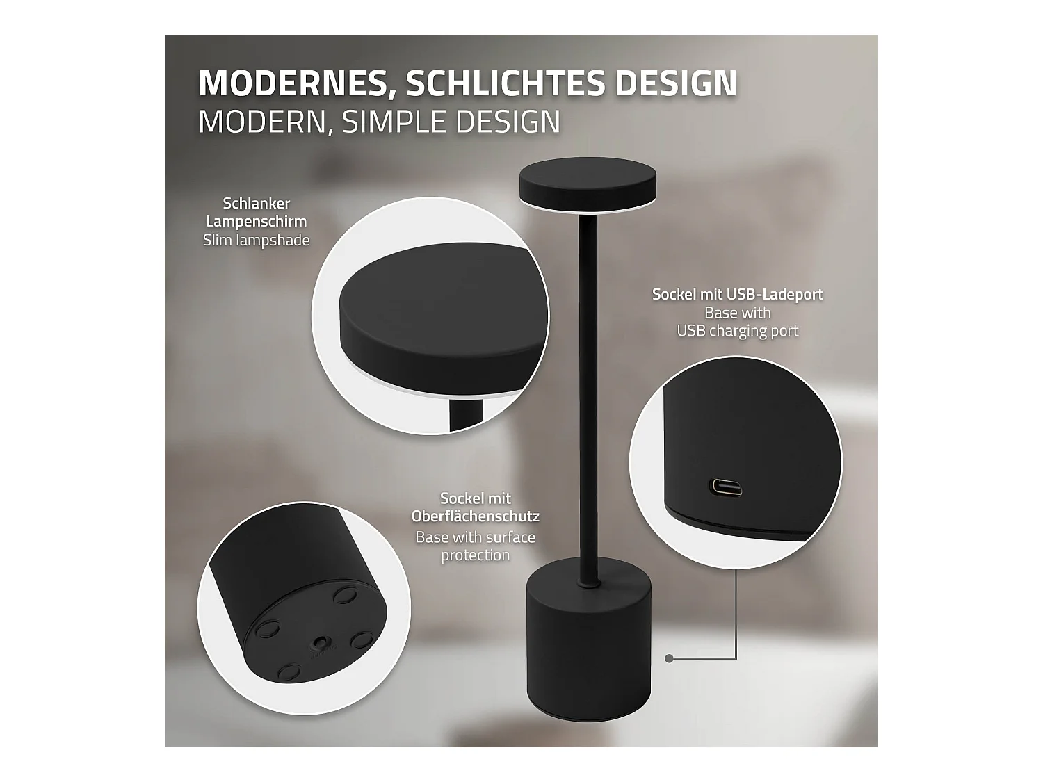 Lampe de table LED Ø8x34,5cm noire 3 couleurs d'intensité réglables capteur tactile batterie rechargeable USB-C éclairage de bureau autonomie longue