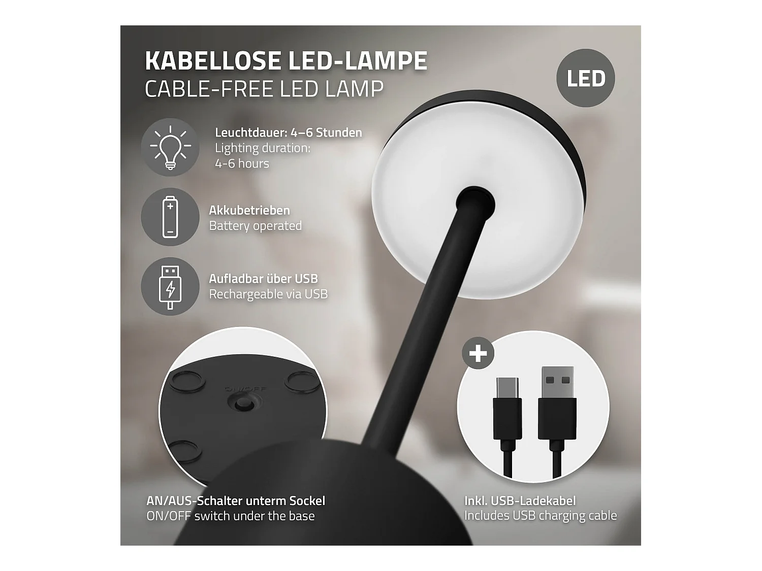 Lampe de table LED Ø8x34,5cm noire 3 couleurs d'intensité réglables capteur tactile batterie rechargeable USB-C éclairage de bureau autonomie longue