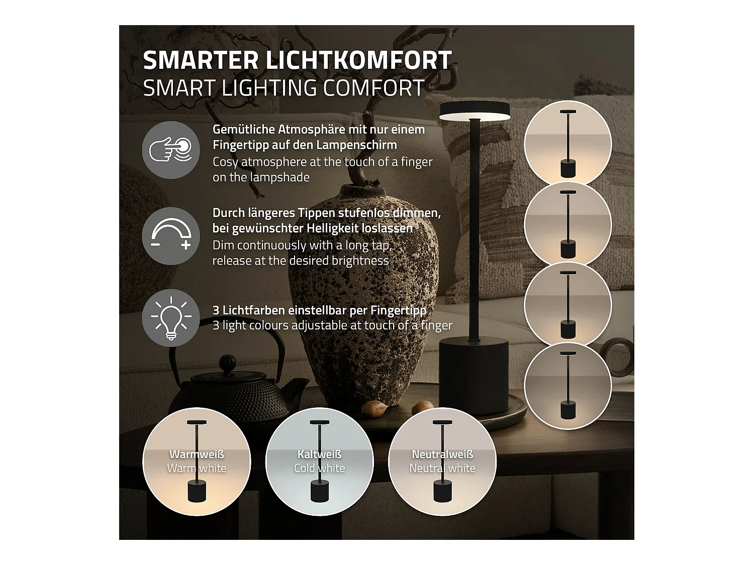 Lampe de table LED Ø8x34,5cm noire 3 couleurs d'intensité réglables capteur tactile batterie rechargeable USB-C éclairage de bureau autonomie longue