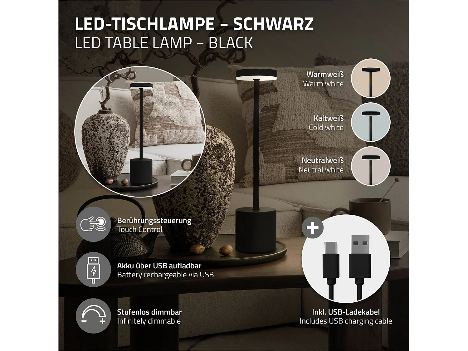 Lampe de table LED Ø8x34,5cm noire 3 couleurs d'intensité réglables capteur tactile batterie rechargeable USB-C éclairage de bureau autonomie longue