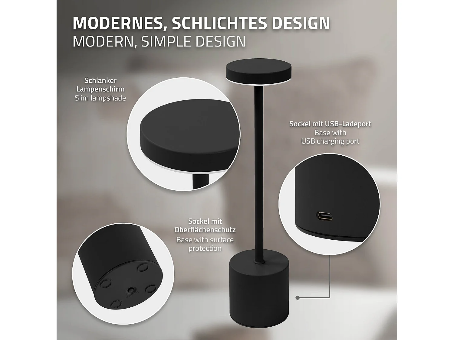 Lampe de table LED Ø8x34,5cm noire 3 couleurs d'intensité réglables capteur tactile batterie rechargeable USB-C éclairage de bureau autonomie longue