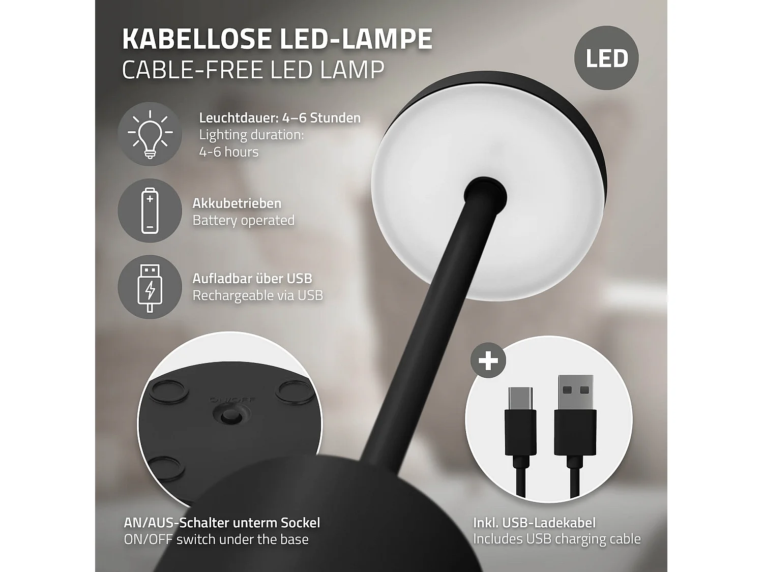 Lampe de table LED Ø8x34,5cm noire 3 couleurs d'intensité réglables capteur tactile batterie rechargeable USB-C éclairage de bureau autonomie longue