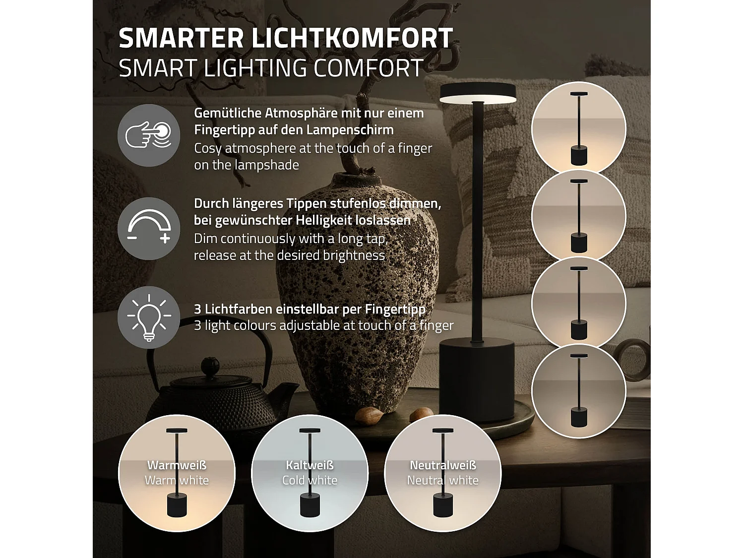 Lampe de table LED Ø8x34,5cm noire 3 couleurs d'intensité réglables capteur tactile batterie rechargeable USB-C éclairage de bureau autonomie longue