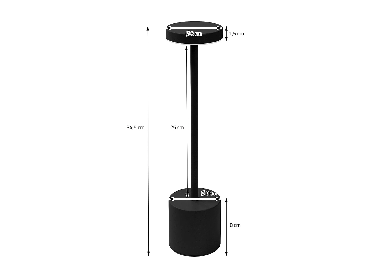 Lampe de table LED Ø8x34,5cm noire 3 couleurs d'intensité réglables capteur tactile batterie rechargeable USB-C éclairage de bureau autonomie longue