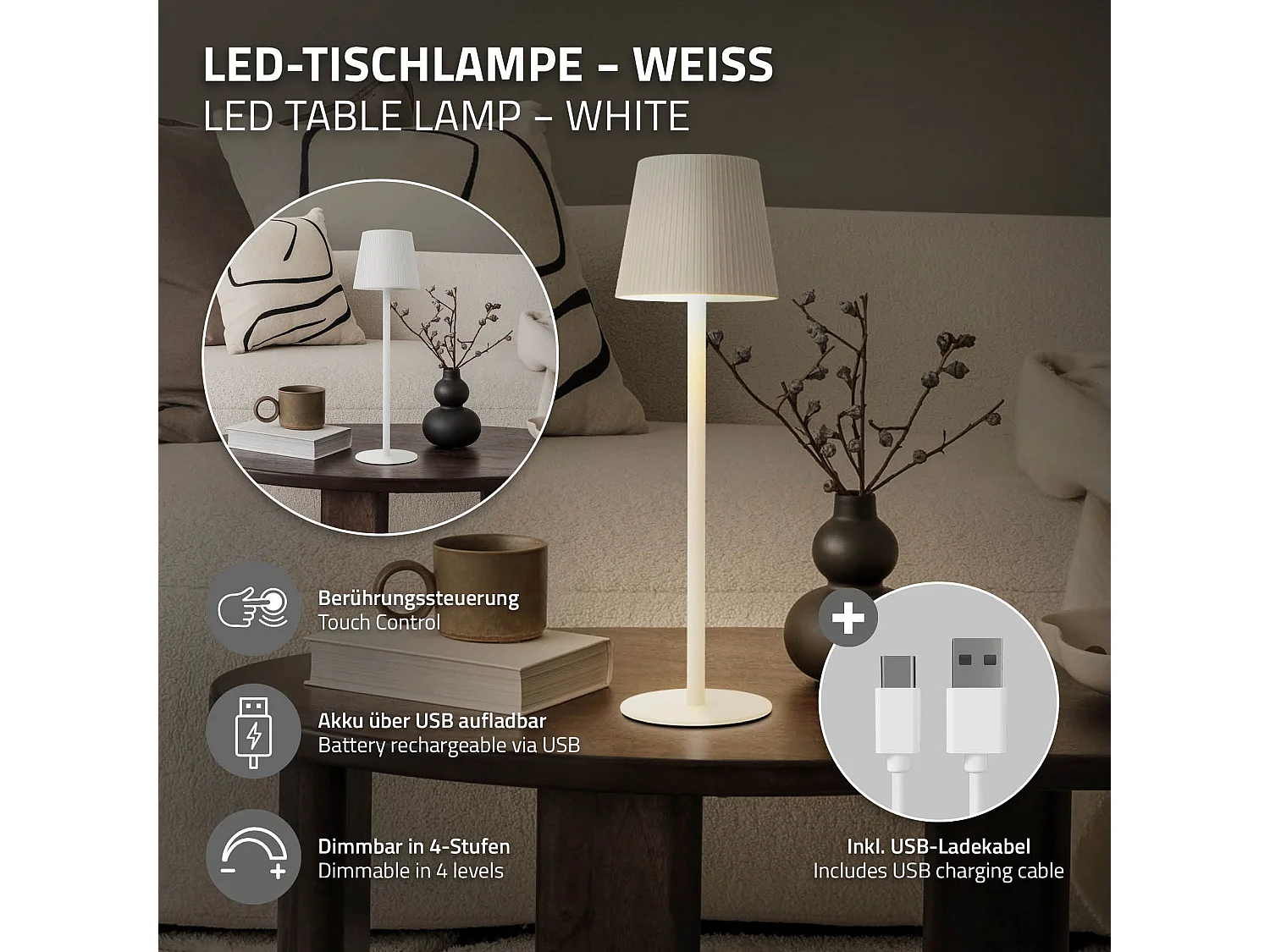 Lampe de table led Ø10x36cm blanc lumière blanche chaude 4 niveaux avec capteur tactile batterie rechargeable usb éclairage dimmable autonomie longue