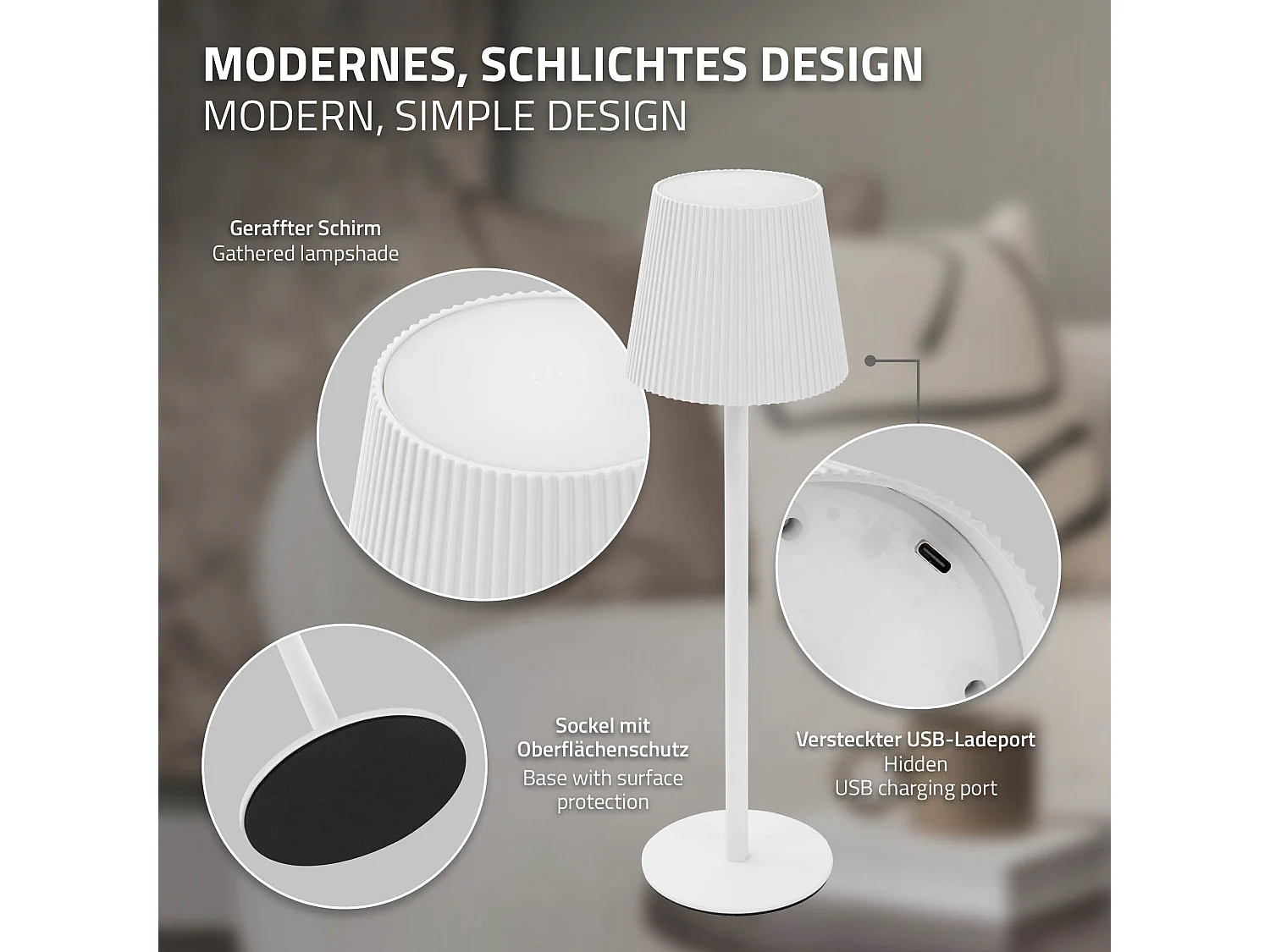 Lampe de table led Ø10x36cm blanc lumière blanche chaude 4 niveaux avec capteur tactile batterie rechargeable usb éclairage dimmable autonomie longue