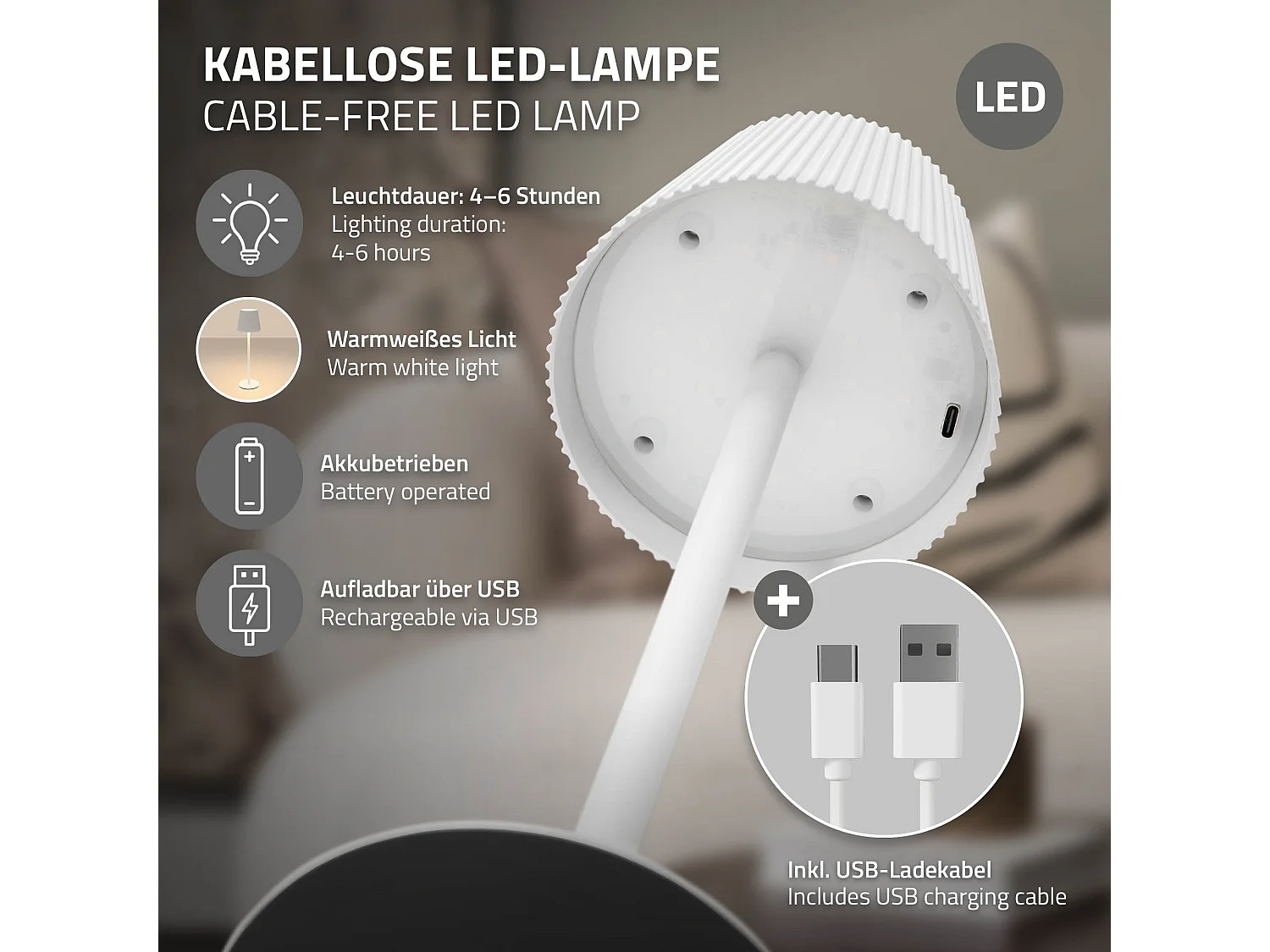 Lampe de table led Ø10x36cm blanc lumière blanche chaude 4 niveaux avec capteur tactile batterie rechargeable usb éclairage dimmable autonomie longue