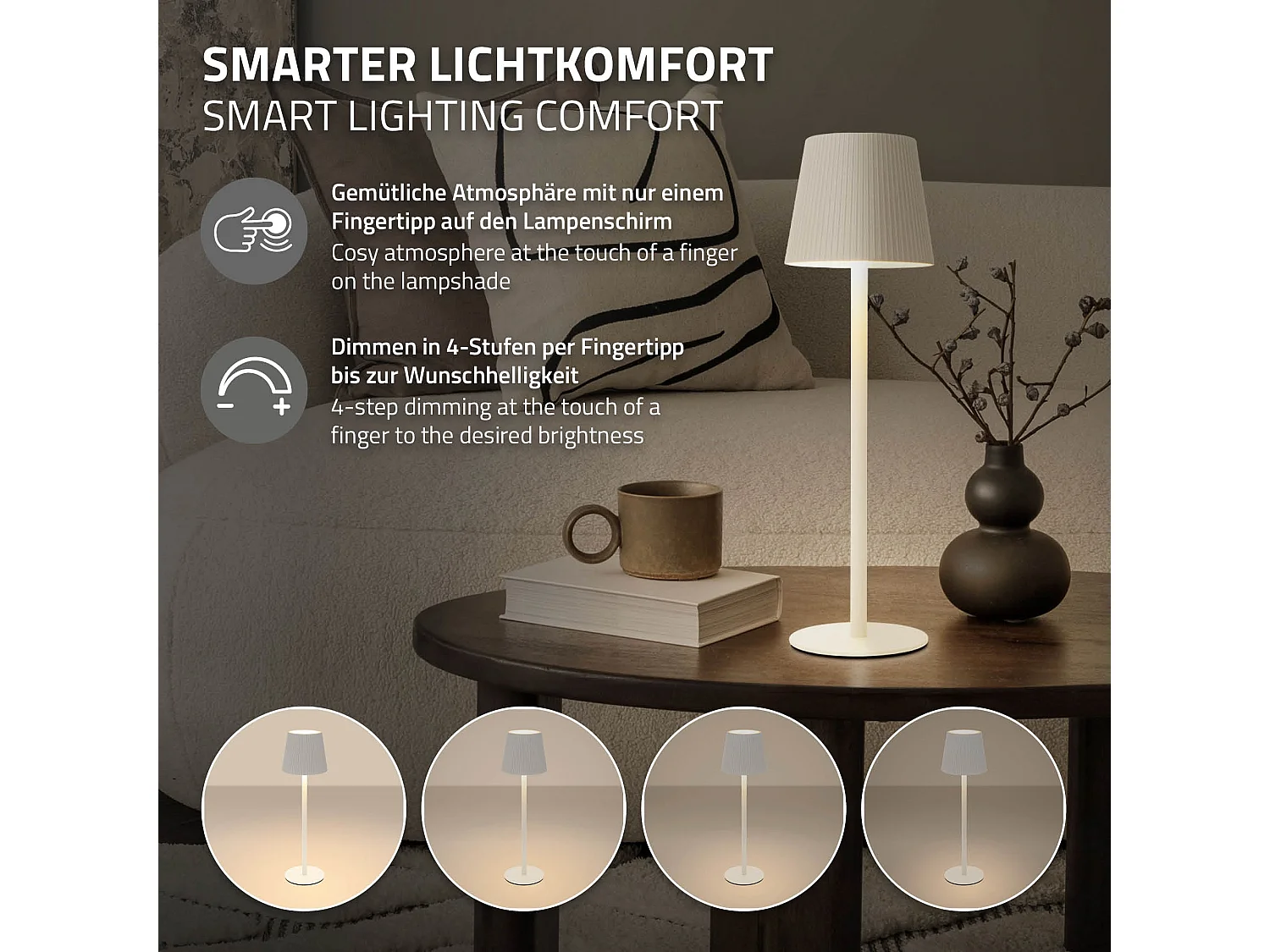 Lampe de table led Ø10x36cm blanc lumière blanche chaude 4 niveaux avec capteur tactile batterie rechargeable usb éclairage dimmable autonomie longue
