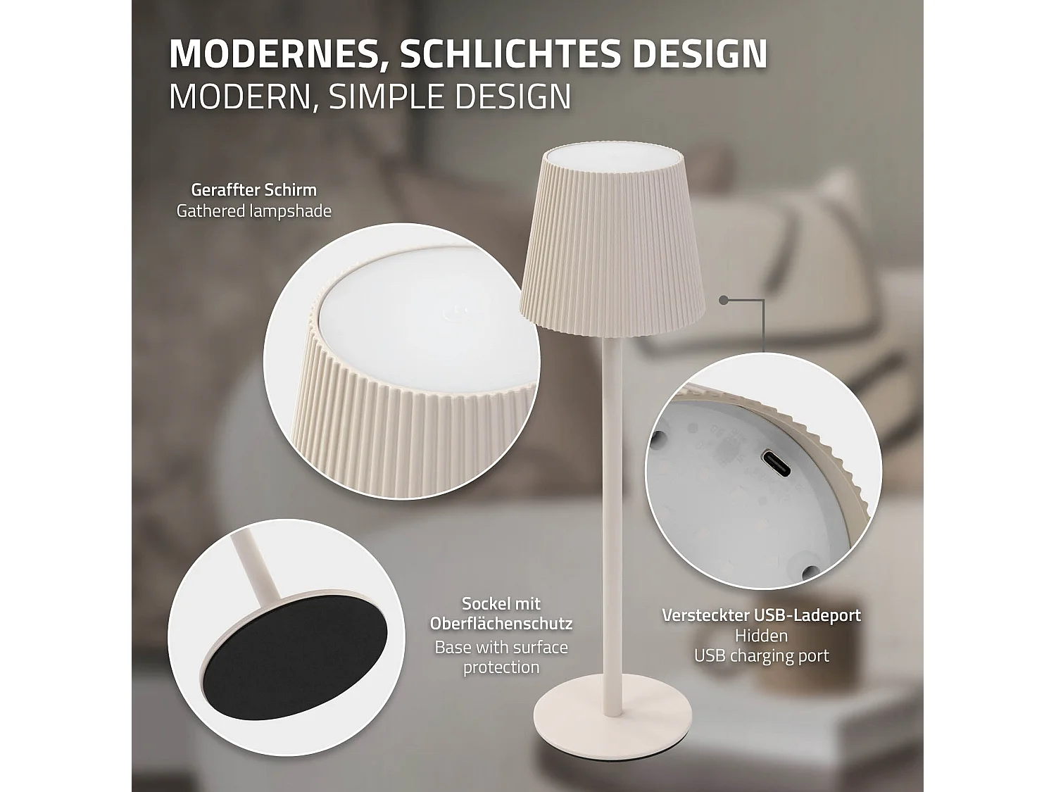 Lampe de table led Ø10x36cm crème lumière blanche chaude 4 niveaux avec capteur tactile batterie rechargeable usb éclairage dimmable autonomie longue