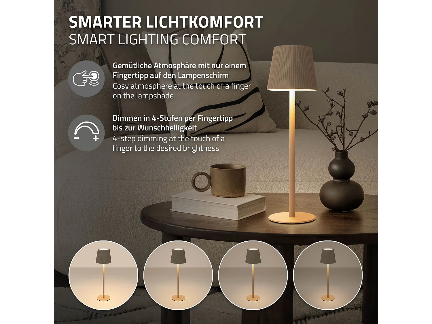 Lampe de table led Ø10x36cm crème lumière blanche chaude 4 niveaux avec capteur tactile batterie rechargeable usb éclairage dimmable autonomie longue