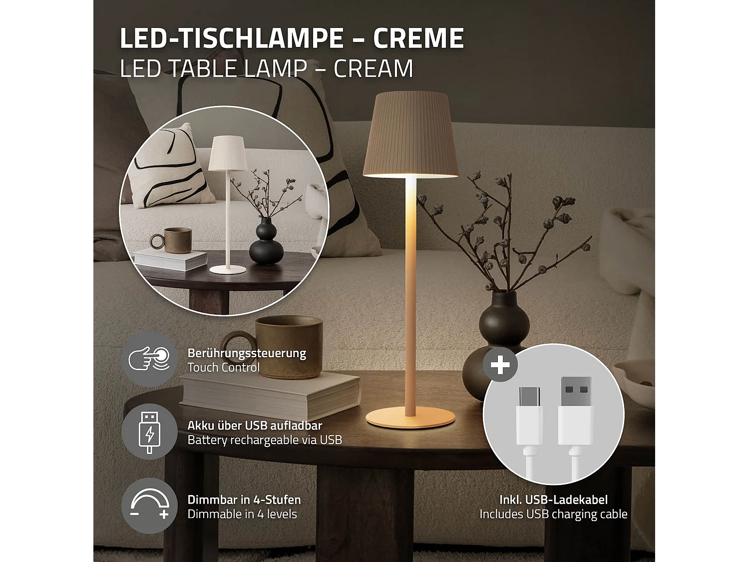 Lampe de table led Ø10x36cm crème lumière blanche chaude 4 niveaux avec capteur tactile batterie rechargeable usb éclairage dimmable autonomie longue