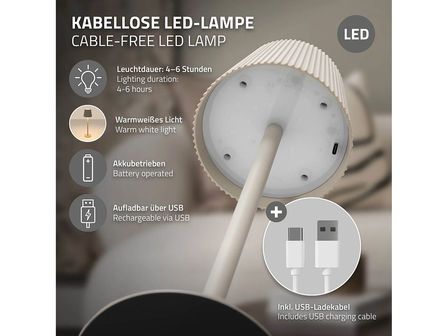 Lampe de table led Ø10x36cm crème lumière blanche chaude 4 niveaux avec capteur tactile batterie rechargeable usb éclairage dimmable autonomie longue