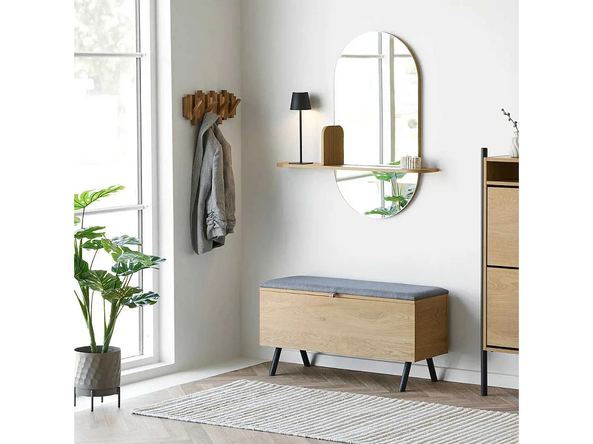 Banc coffre en mélaminé aspect chêne clair assise en tissu polyester gris - VALTIS