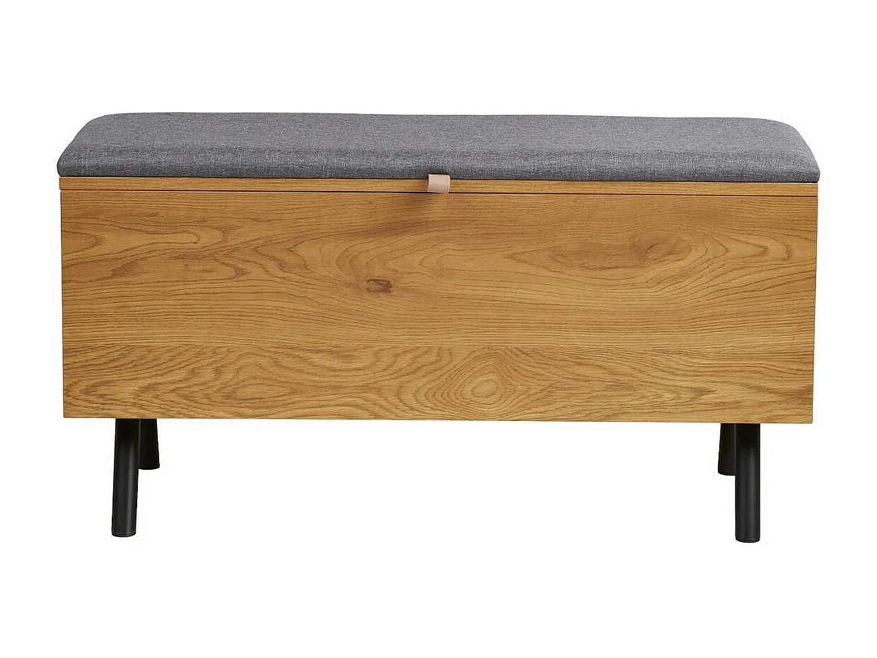 Banc coffre en mélaminé aspect chêne clair assise en tissu polyester gris - VALTIS