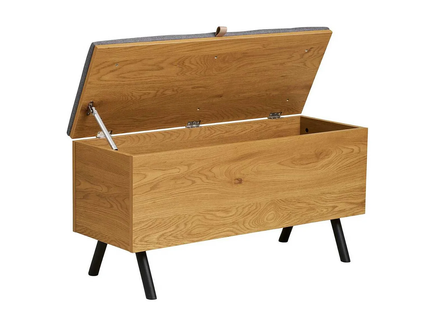 Banc coffre en mélaminé aspect chêne clair assise en tissu polyester gris - VALTIS