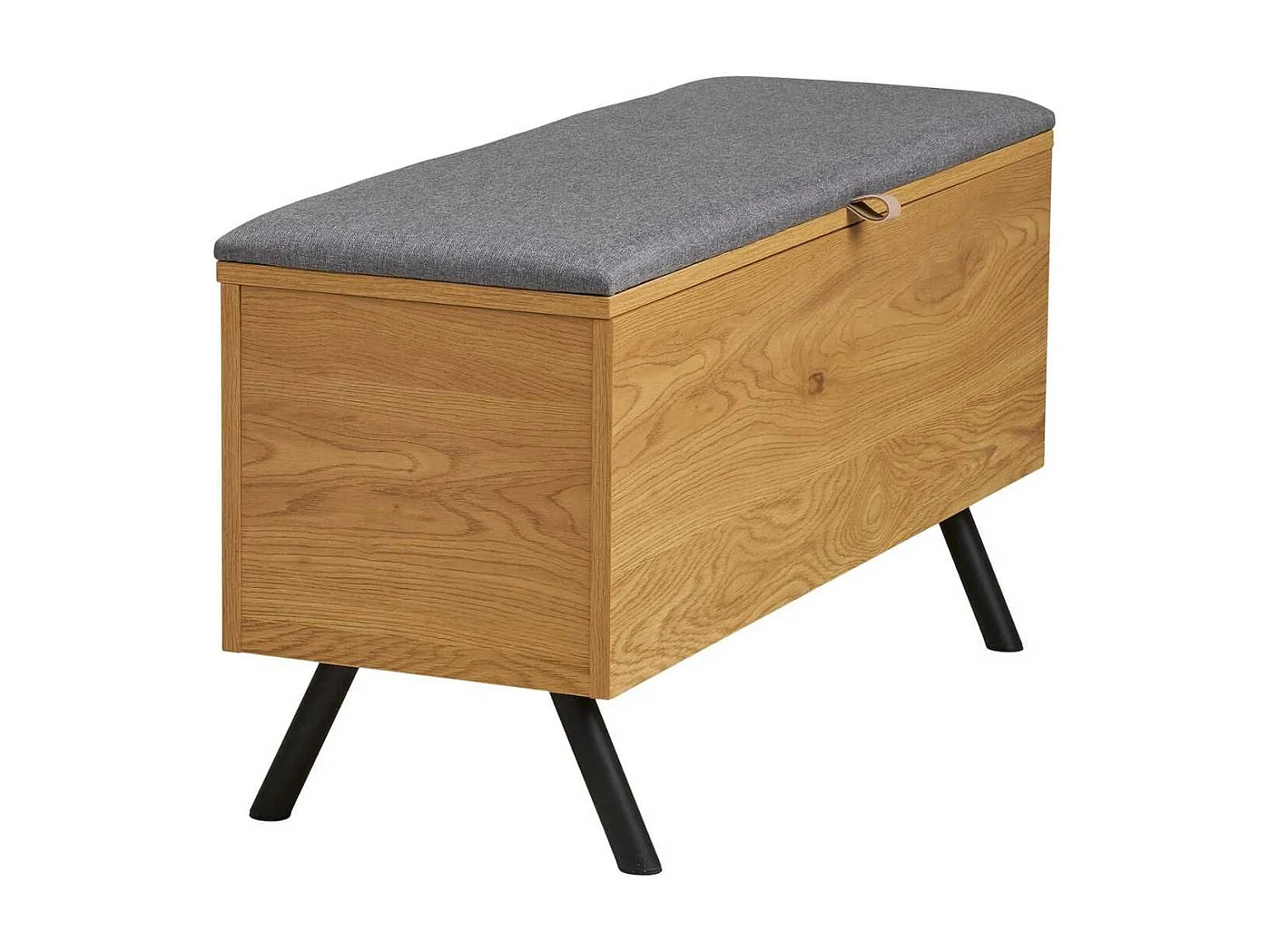 Banc coffre en mélaminé aspect chêne clair assise en tissu polyester gris - VALTIS