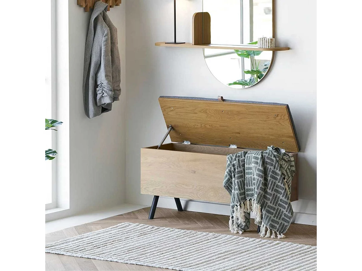 Banc coffre en mélaminé aspect chêne clair assise en tissu polyester gris - VALTIS