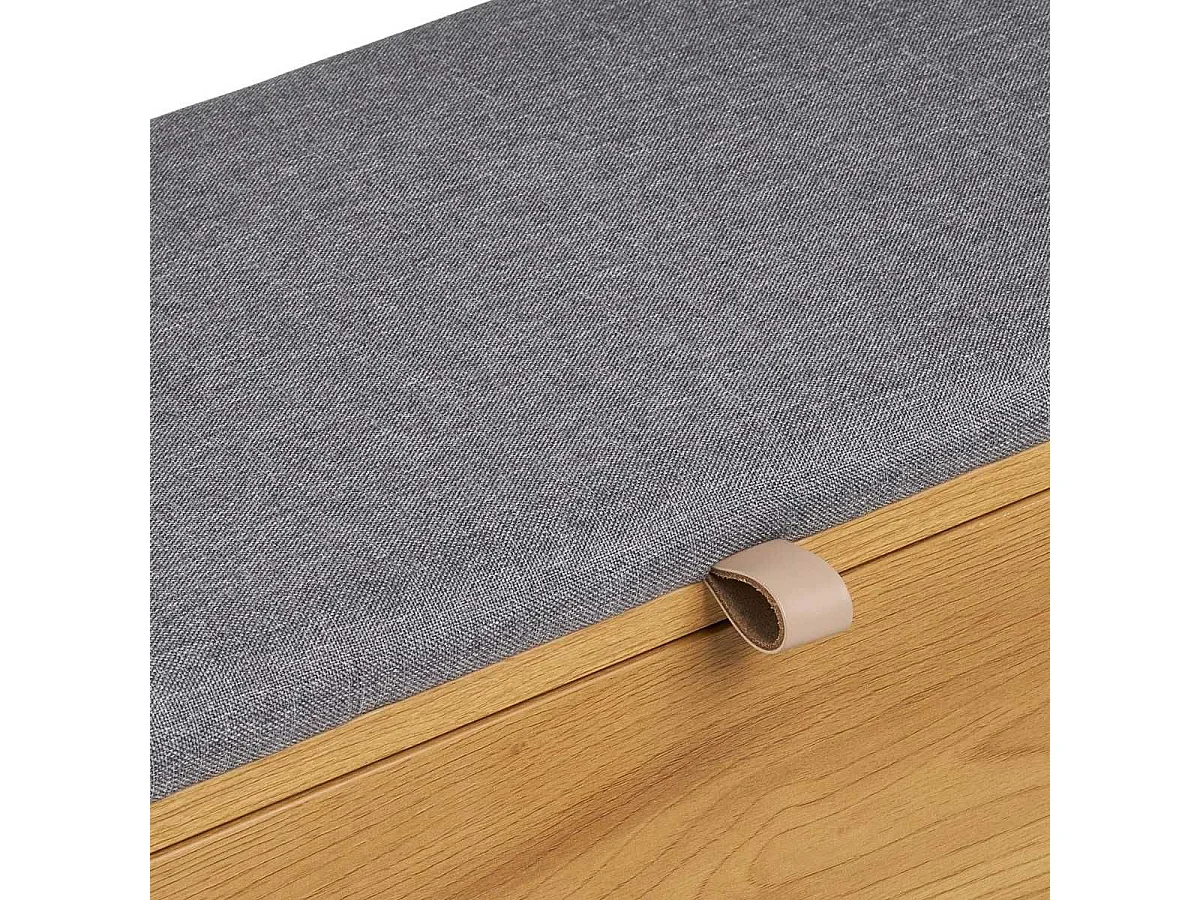 Banc coffre en mélaminé aspect chêne clair assise en tissu polyester gris - VALTIS