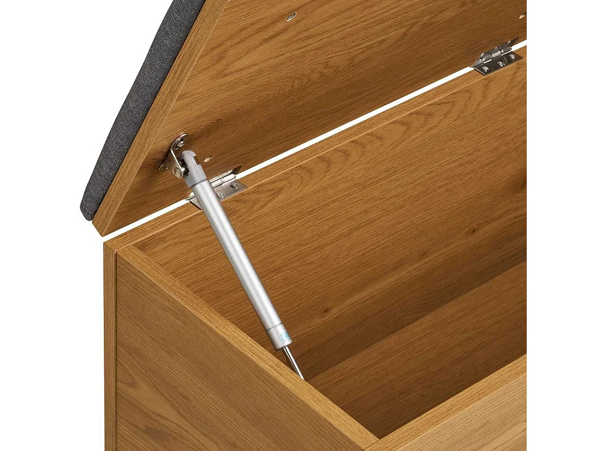 Banc coffre en mélaminé aspect chêne clair assise en tissu polyester gris - VALTIS