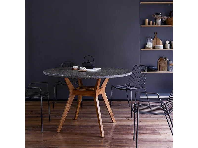 Esstisch aus massivem Teakholz mit Terrazzo Tischplatte 120 cm Durchmesser