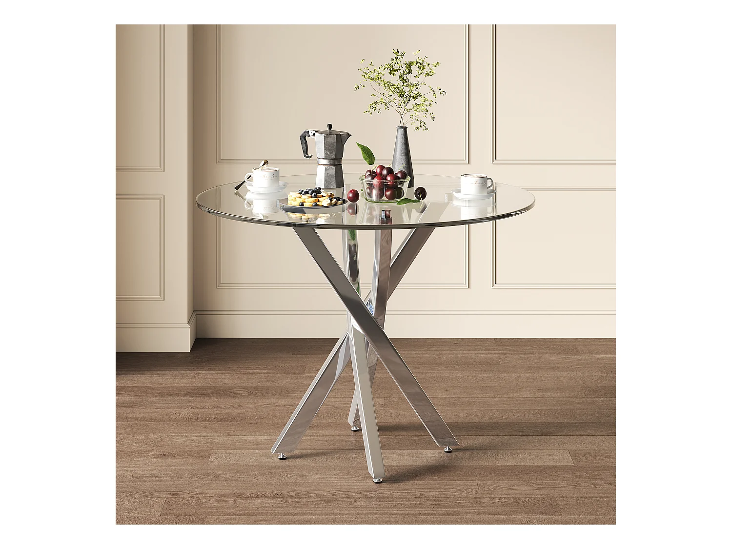 Table à manger ronde avec plateau en verre trempé et pieds argentés - pour salon et salles à manger