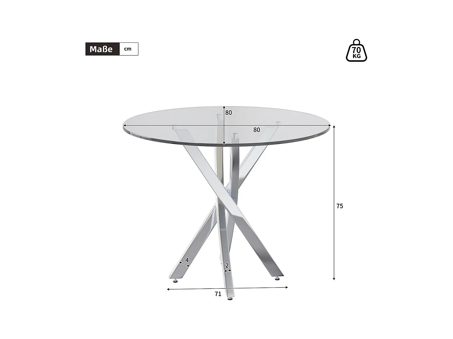 Table à manger ronde avec plateau en verre trempé et pieds argentés - pour salon et salles à manger