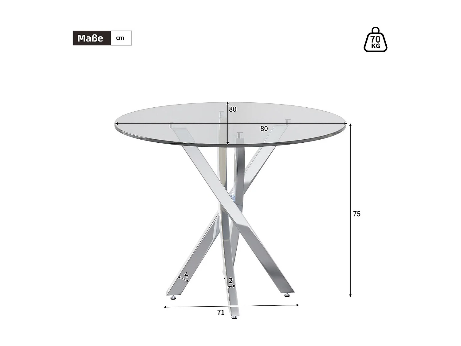 Table à manger ronde avec plateau en verre trempé et pieds argentés - pour salon et salles à manger