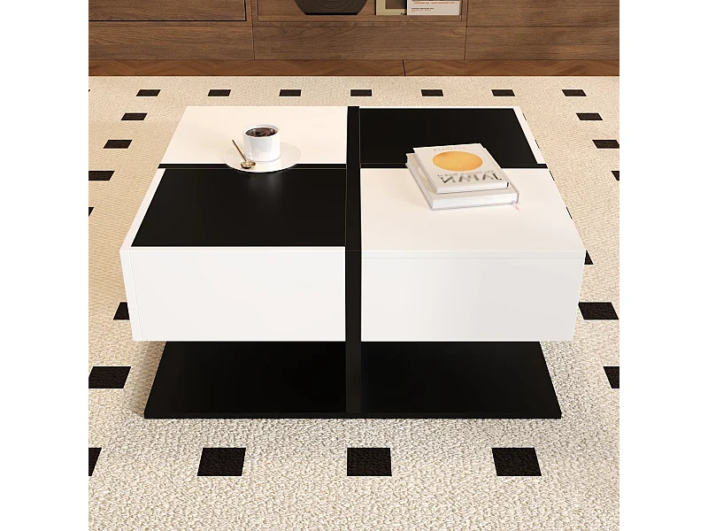 Quadratischer Couchtisch mit 2 Aufbewahrungsschubladen, schwarz und weiß - für Wohnzimmer und Schlafzimmer