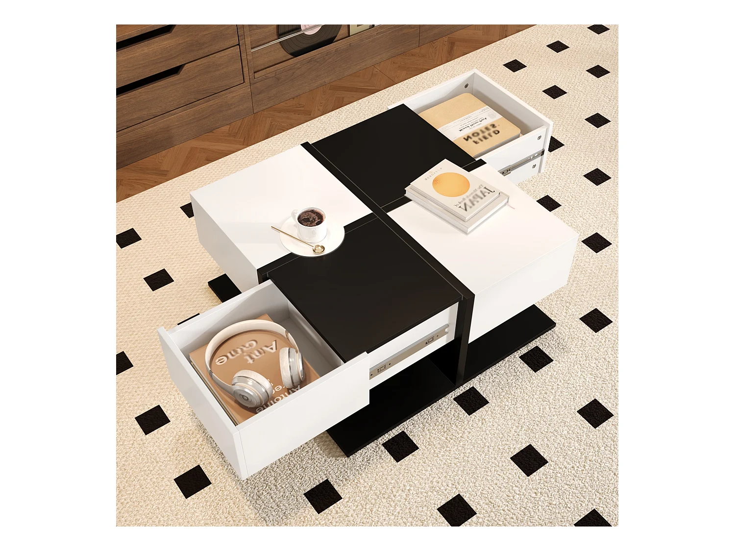 Table basse carrée avec 2 tiroirs de rangement, noir et blanc - pour salon et chambre