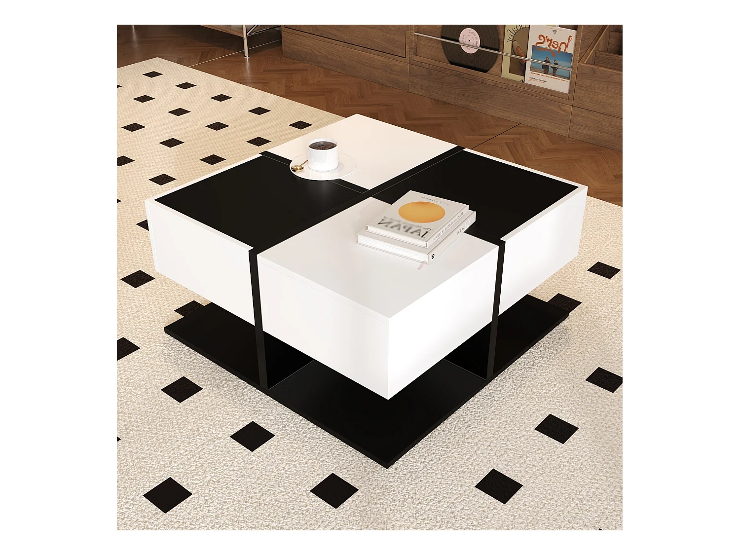 Table basse carrée avec 2 tiroirs de rangement, noir et blanc - pour salon et chambre