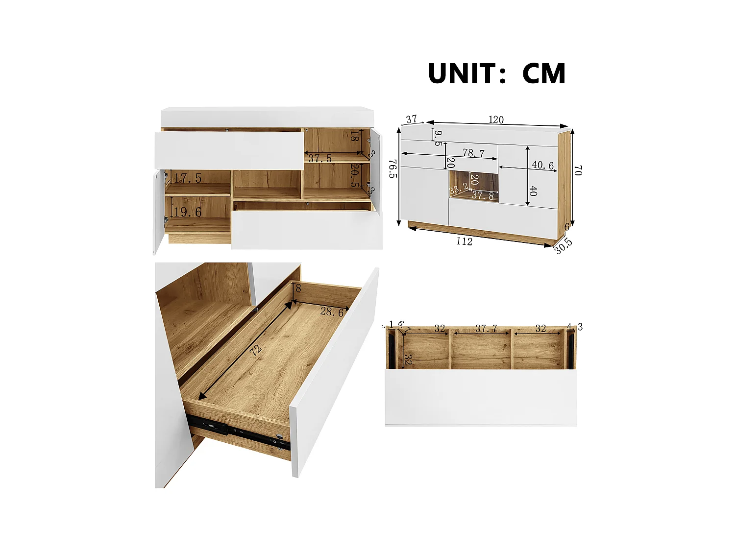 Sideboard mit mehrfarbiger LED-Beleuchtung, 2 Schubladen und 2 Türen - Weiß und Naturfarbe