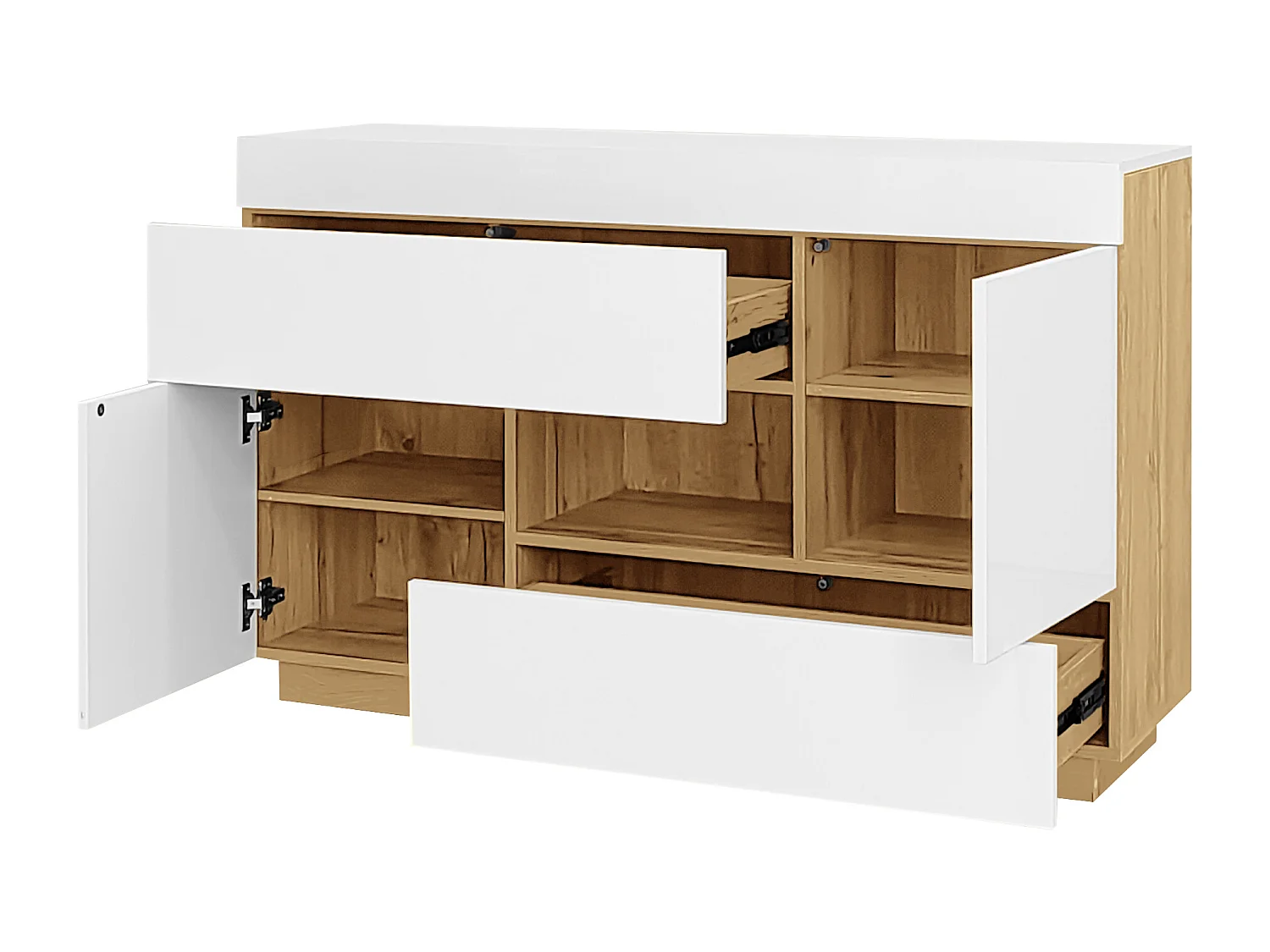 Buffet avec éclairage LED changeant de couleur, 2 tiroirs et 2 portes - Blanc et Naturel